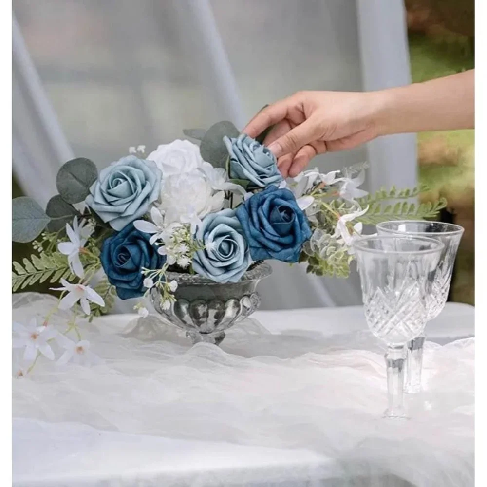 25 count | Shades of Dusty Blue Roses Artificial Flowers Wedding Bouquet Decor